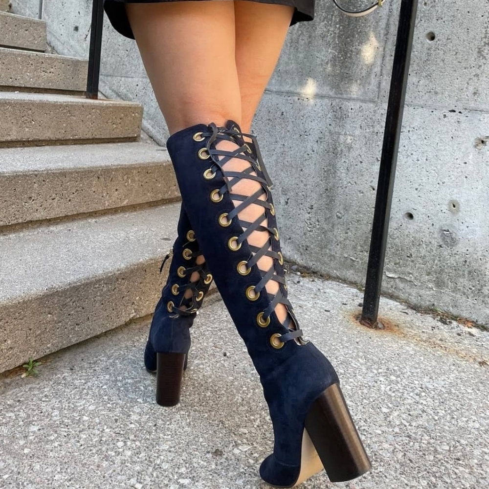 Suede Knee-high Lace Up  Boots